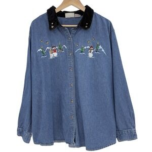 Vtg Basic Editions Plus Size Cotton Christmas Demin Shirt Velvet Collar 26W Snow